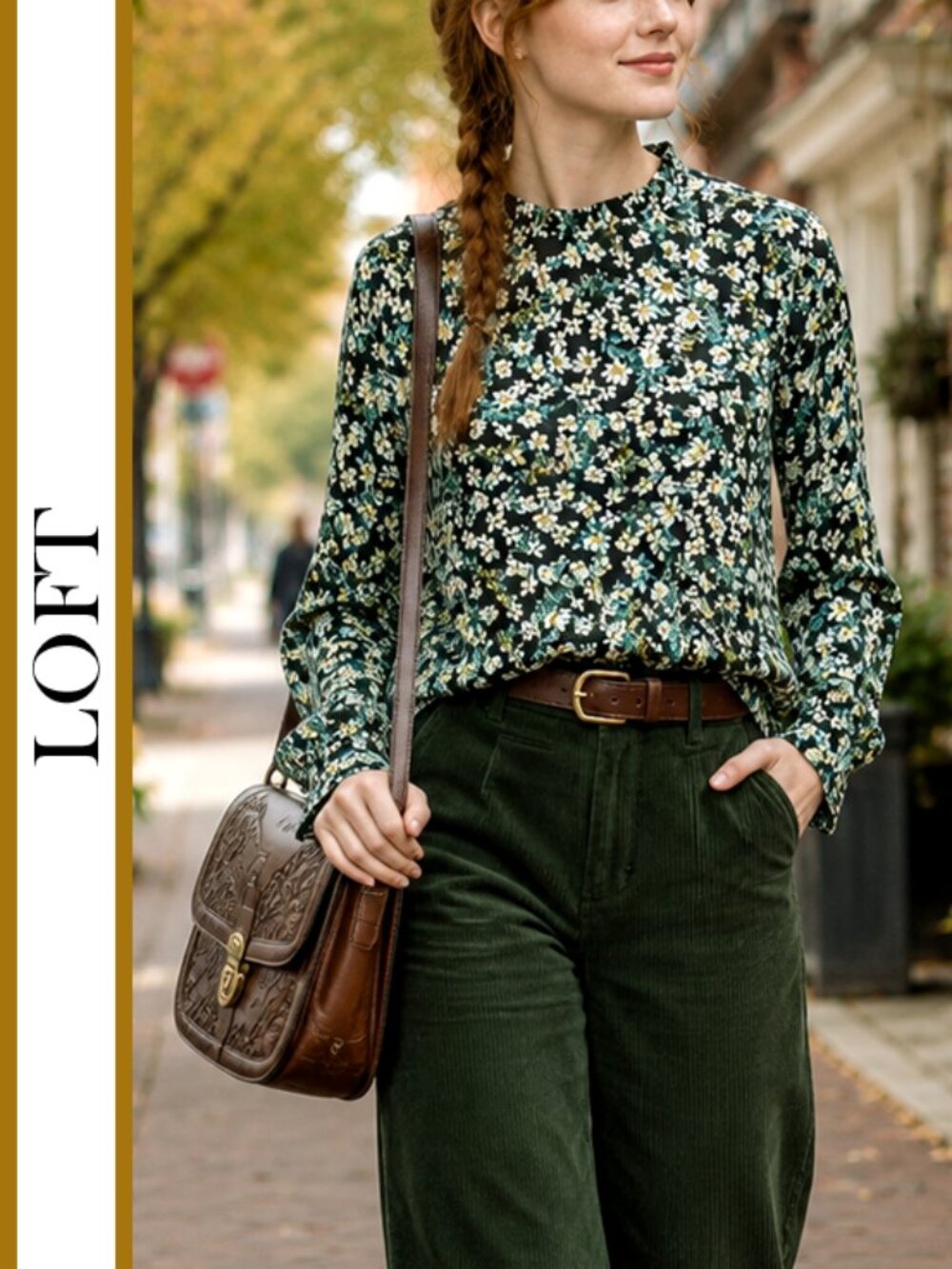 LOFT | Floral Printed Pleated Neck Blouse